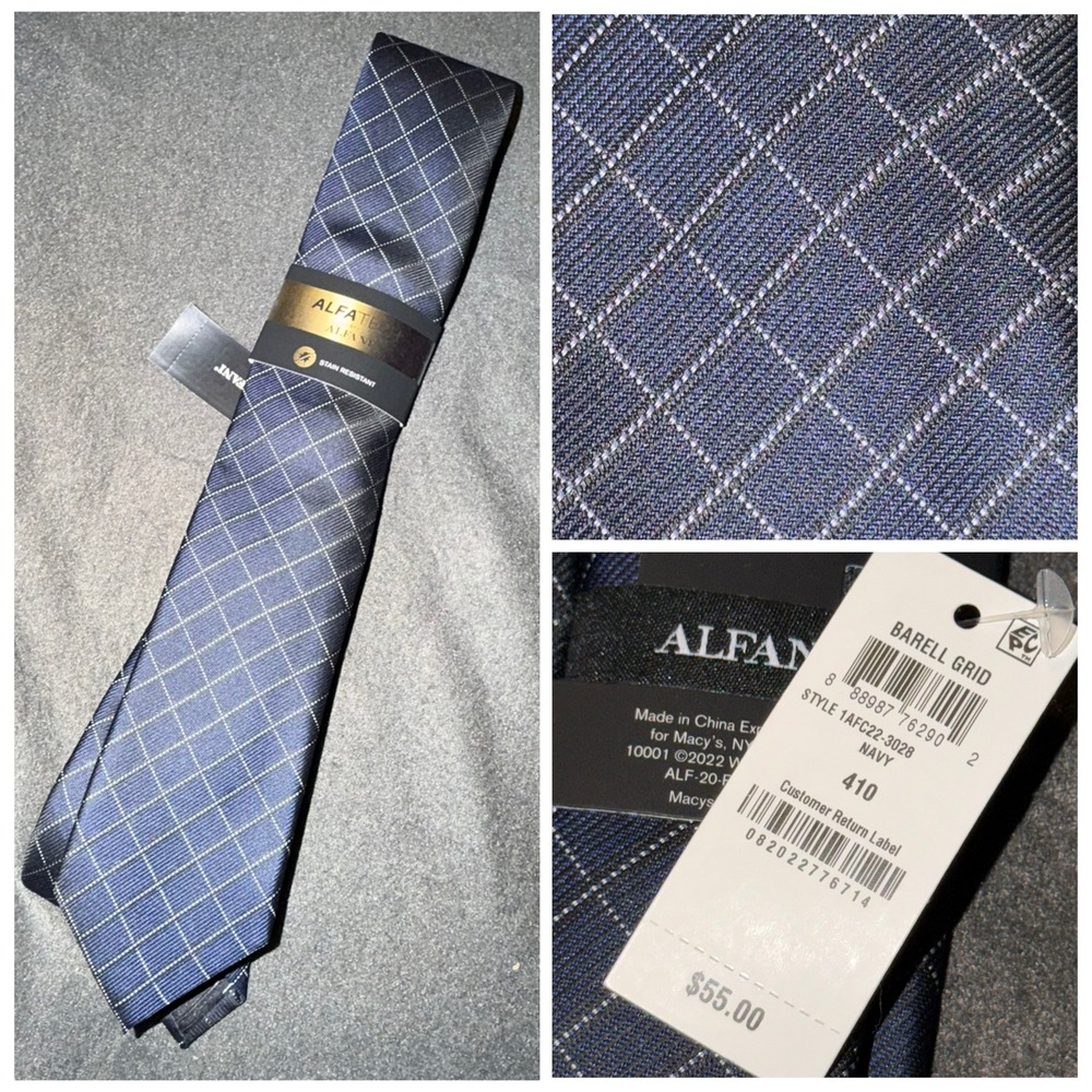 Alfani Alfatech Mens Navy Barell Grid Stain Resistant Necktie 1AFC22-3028 NEW